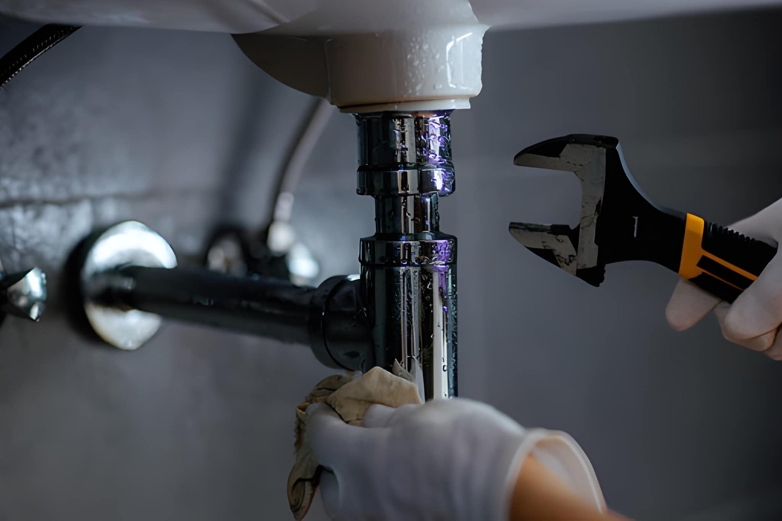 Professional plumber fixing pipes at home