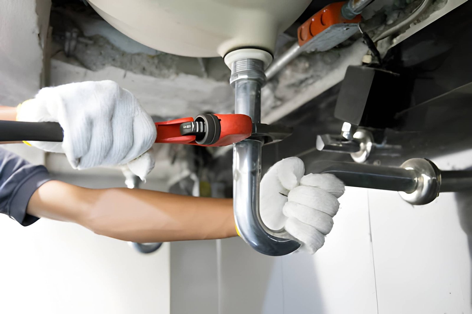 Professional plumber fixing leaky pipe at home