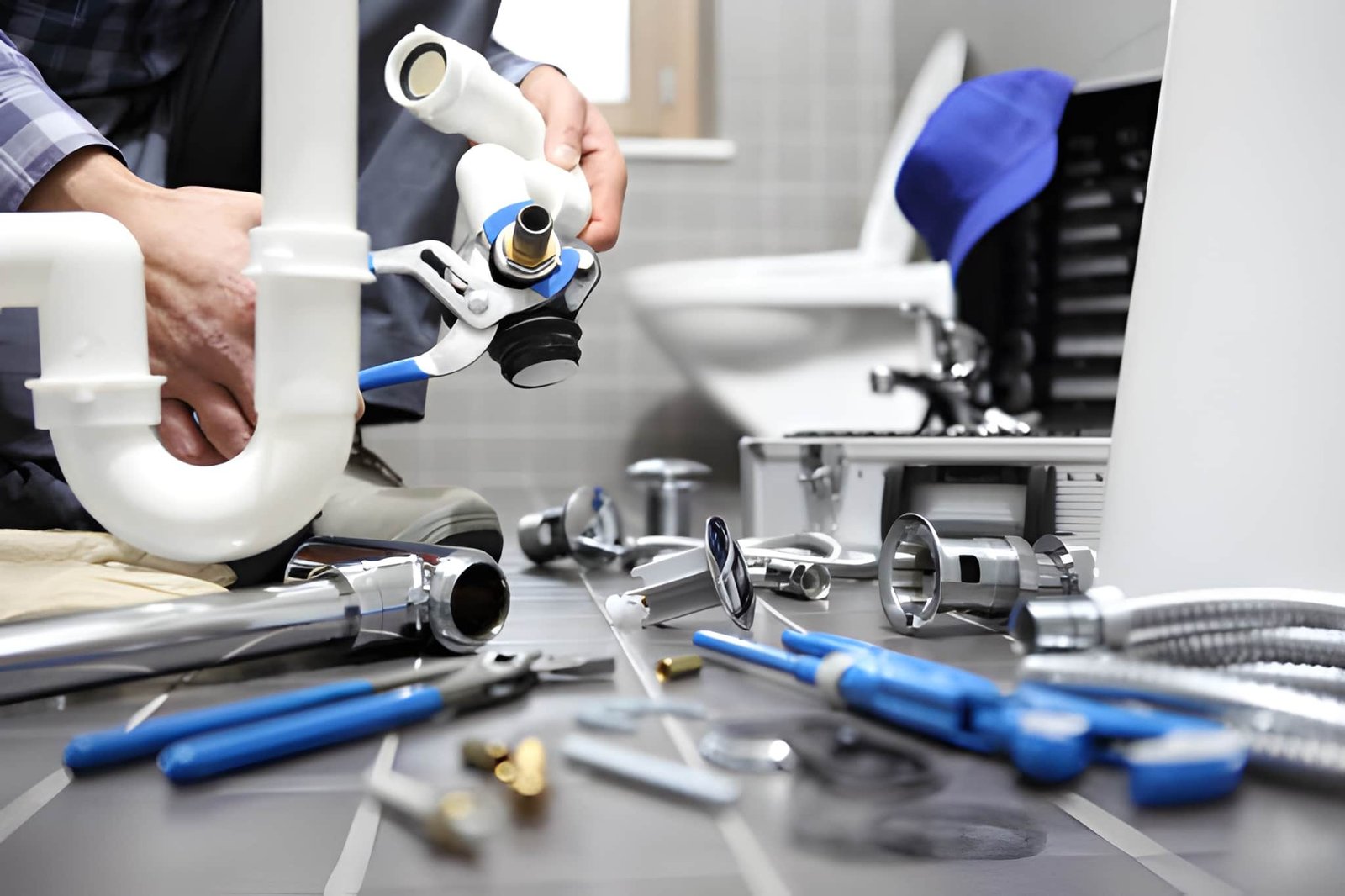 Professional plumber fixing pipes at home